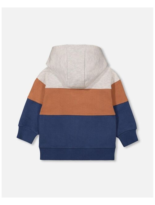 DEUX PAR DEUX Boy Full Zip Color Block Hooded Fleece Indigo Blue, Brown And Ivory Stripe - Child