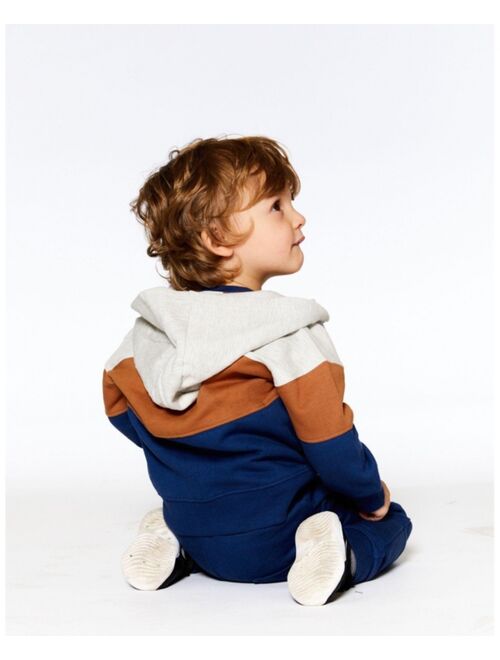 DEUX PAR DEUX Boy Full Zip Color Block Hooded Fleece Indigo Blue, Brown And Ivory Stripe - Child