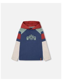 Boy Hooded Raglan Jersey T-Shirt With Print Indigo Blue - Toddler|Child
