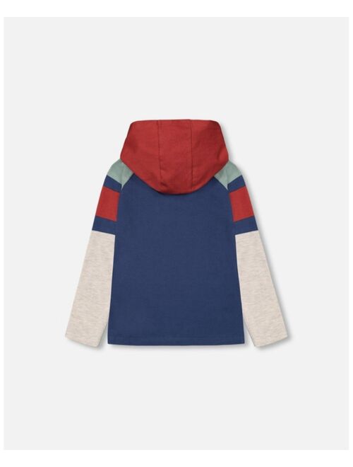 DEUX PAR DEUX Boy Hooded Raglan Jersey T-Shirt With Print Indigo Blue - Toddler|Child