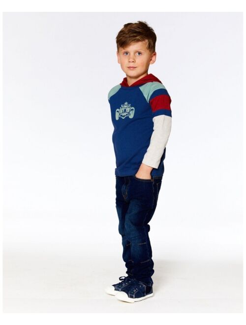 DEUX PAR DEUX Boy Hooded Raglan Jersey T-Shirt With Print Indigo Blue - Toddler|Child