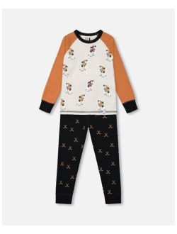 Boy Organic Cotton Printed Hockey Players Two Piece Top & Pant Pajama Set - Toddler|Child