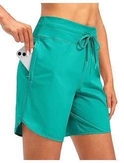 Women's 7" Quick Dry High Waisted Swim Board Shorts with Zipper Pockets UPF 50  Beach Shorts for Women with Liner