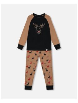 Boy Organic Cotton Printed Reindeers Two Piece Top and Pant Pajama Set Nutmeg - Toddler|Child