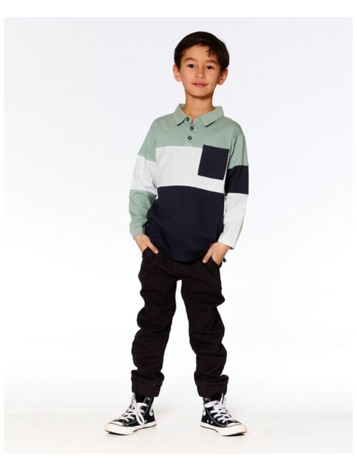 DEUX PAR DEUX Boy Color Block Jersey Polo Top Sage Green, Oatmeal And Grey - Toddler|Child