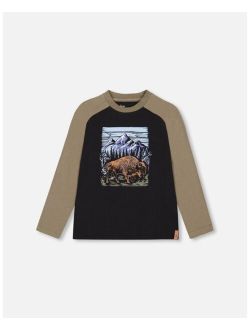 Boy Raglan Jersey T-Shirt With Print Black And Khaki - Toddler|Child