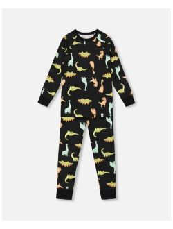 Boy Organic Cotton Printed Dinosaurs Two Piece Top & Pant Pajama Set Black - Toddler|Child