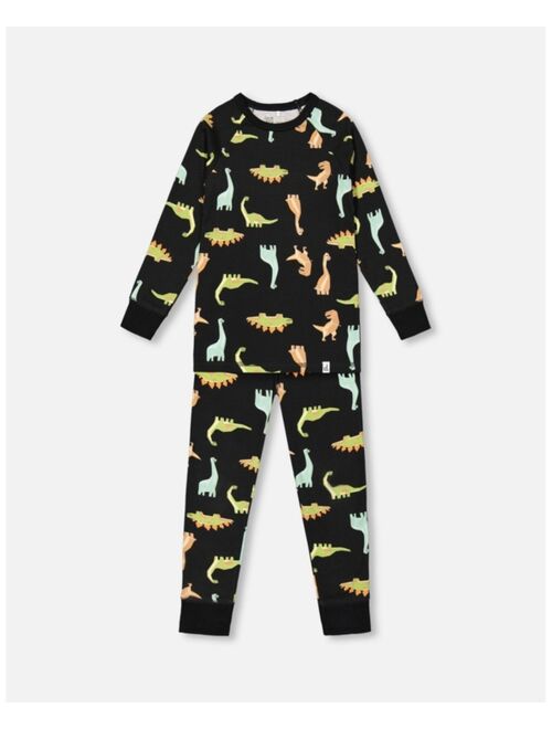 DEUX PAR DEUX Boy Organic Cotton Printed Dinosaurs Two Piece Top & Pant Pajama Set Black - Toddler|Child