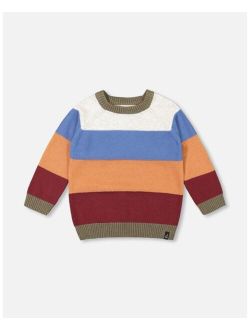 Boy Knitted Raglan Sweater Red Wine, Burnt Orange And Oatmeal Stripe - Toddler|Child