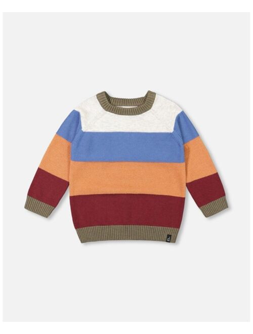 DEUX PAR DEUX Boy Knitted Raglan Sweater Red Wine, Burnt Orange And Oatmeal Stripe - Toddler|Child