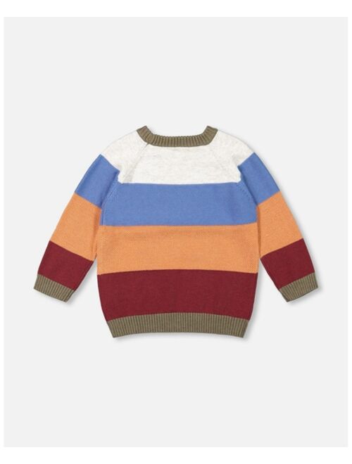 DEUX PAR DEUX Boy Knitted Raglan Sweater Red Wine, Burnt Orange And Oatmeal Stripe - Toddler|Child