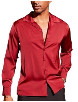 Men Luxury Silk Shirt Long Sleeve Satin Dress Shirt Shiny Button Down Prom Wedding Party Shirt