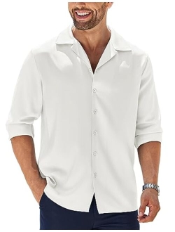Men Luxury Silk Shirt Long Sleeve Satin Dress Shirt Shiny Button Down Prom Wedding Party Shirt
