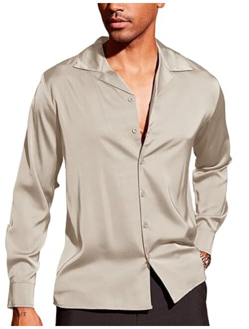 COOFANDY Men Luxury Silk Shirt Long Sleeve Satin Dress Shirt Shiny Button Down Prom Wedding Party Shirt