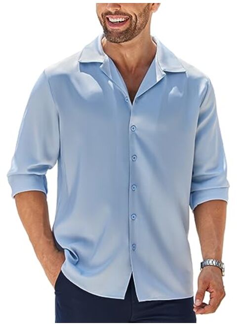 COOFANDY Men Luxury Silk Shirt Long Sleeve Satin Dress Shirt Shiny Button Down Prom Wedding Party Shirt