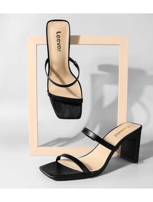 Leevar Square Toe Heels Sandals - White Black Nude Heels Chunky Two Strap Low Heels for Women Leather Mule Sandals Slip On Block Heels for Party Dating Daily Standard Siz