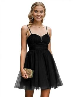 Women's Sexy Tulle Spaghetti Strap A Line Pleated Summer Homecoming Dress 01930