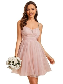 Women's Sexy Tulle Spaghetti Strap A Line Pleated Summer Homecoming Dress 01930