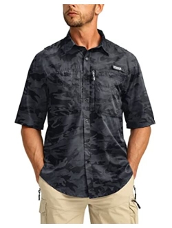 Men's Fishing Shirts with Zipper Pockets UPF 50  Lightweight Cool Short Sleeve Button Down Shirts for Men Casual Hiking