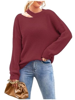 Women's 2023 Long Lantern Sleeve Halter Neck Cutout Fuzzy Knit Pullover Sweater Jumper Top