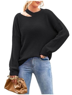 Women's 2023 Long Lantern Sleeve Halter Neck Cutout Fuzzy Knit Pullover Sweater Jumper Top