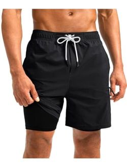 Mens Swim Trunks with Compression Liner 5 inch Inseam Quick Dry Bathing Suits with Zipper Pocket-No Thigh Chafing