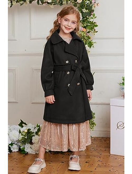 GRACE KARIN Girls Dress Coat Lapel Wool Blend Long Winter Jackets with Pockets Belt 6-14Y