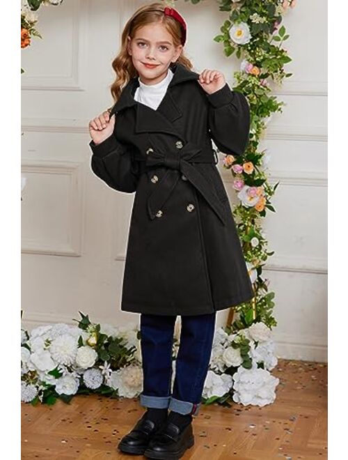 GRACE KARIN Girls Dress Coat Lapel Wool Blend Long Winter Jackets with Pockets Belt 6-14Y