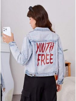 Teen Girl Letter Graphic Flap Pocket Denim Jacket