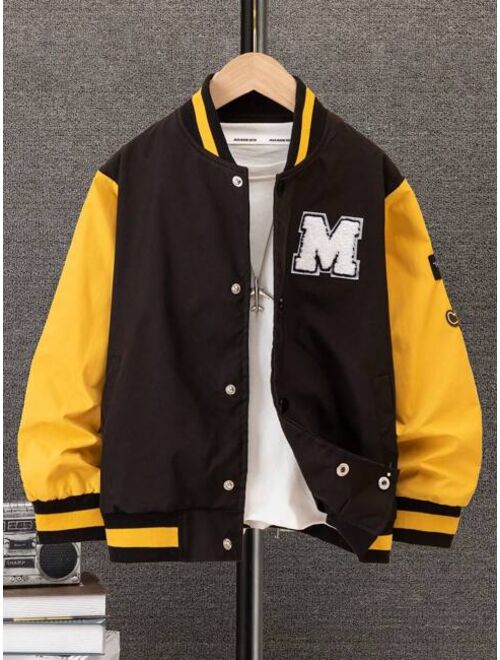 Shein Tween Boy Letter Patched Striped Trim Colorblock Varsity Jacket Without Tee