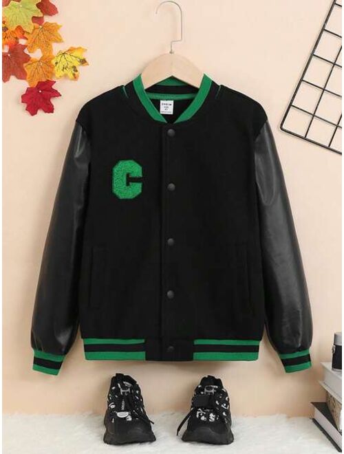 SHEIN Kids Academe Tween Boys' Pu Leather Baseball Collar Press Buttoned Jacket, Medium-thick Version