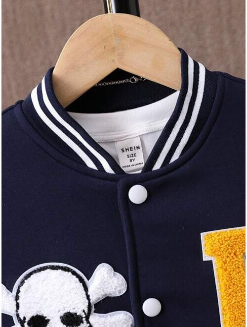 SHEIN Kids EVRYDAY Tween Boy Slogan & Skull Print Striped Trim Varsity Jacket Without Tee