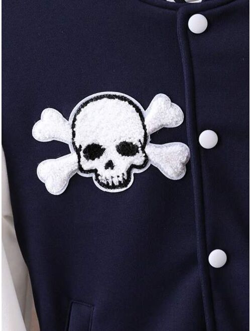 SHEIN Kids EVRYDAY Tween Boy Slogan & Skull Print Striped Trim Varsity Jacket Without Tee