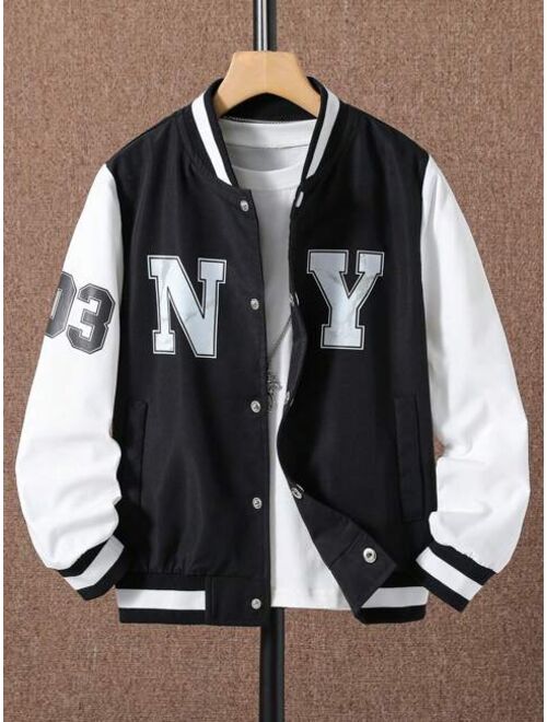 SHEIN Kids EVRYDAY Tween Boy Letter Graphic Two Tone Varsity Jacket Without Tee