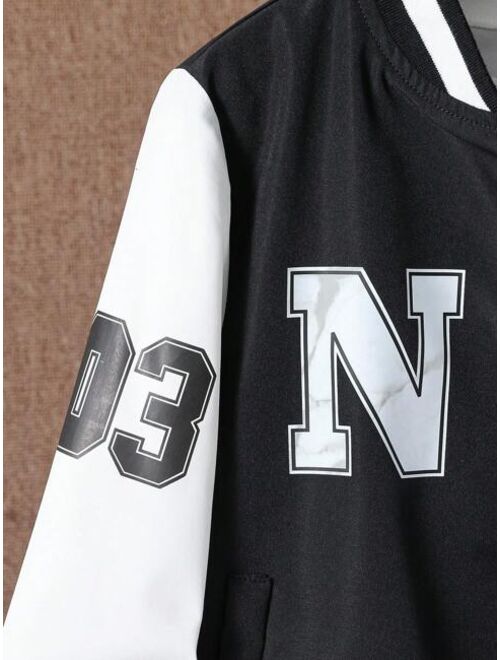 SHEIN Kids EVRYDAY Tween Boy Letter Graphic Two Tone Varsity Jacket Without Tee
