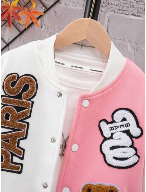 Shein Tween Boy Bear & Letter Embroidery Two Tone Bomber Jacket Without Tee
