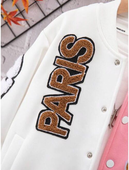 Shein Tween Boy Bear & Letter Embroidery Two Tone Bomber Jacket Without Tee