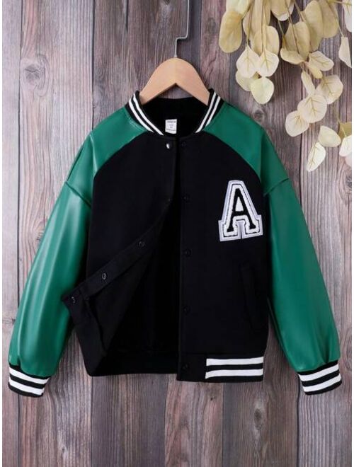 Shein Tween Boy Letter Patched Striped Trim Raglan Sleeve Varsity Jacket Without Sweater