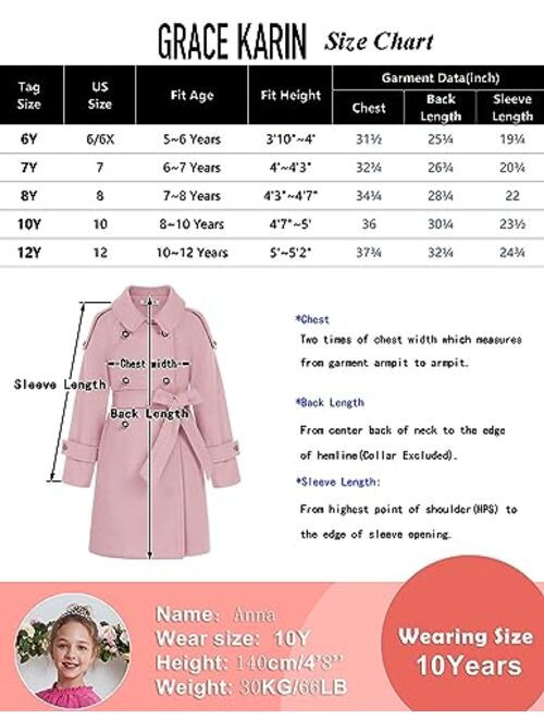 GRACE KARIN Girls Dress Coat Lapel Wool Blend Winter Kids Jackets Coat Size 5-12