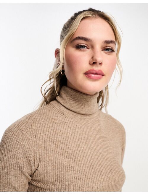Pull&Bear long sleeve knitted polo neck in light brown