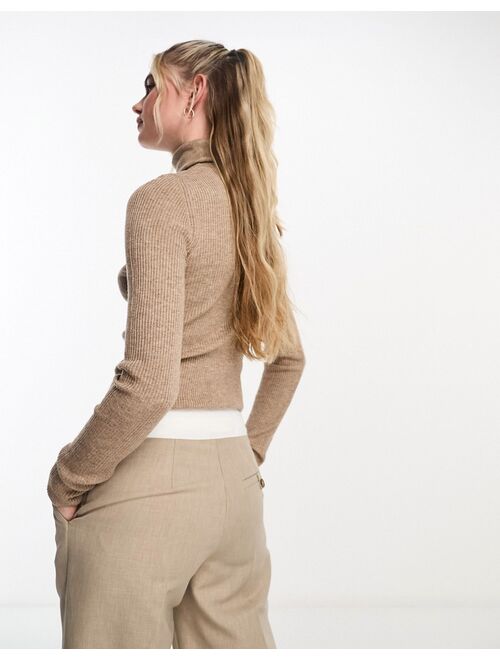 Pull&Bear long sleeve knitted polo neck in light brown