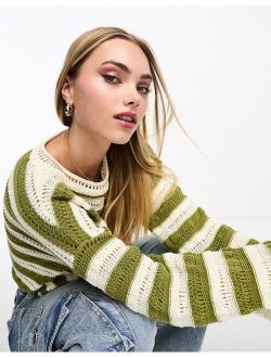 open knit striped sweater in khaki