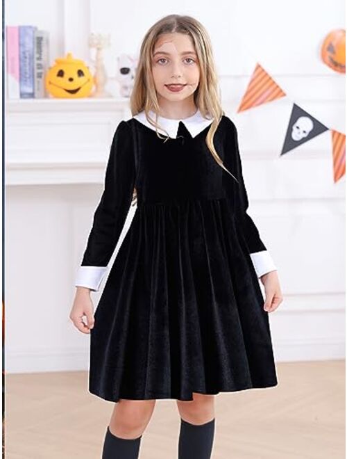 ALLIFly Girls Halloween Dress Toddler Peter Pan Collar Dress Long/Short Sleeve Dresses 3-12 Years