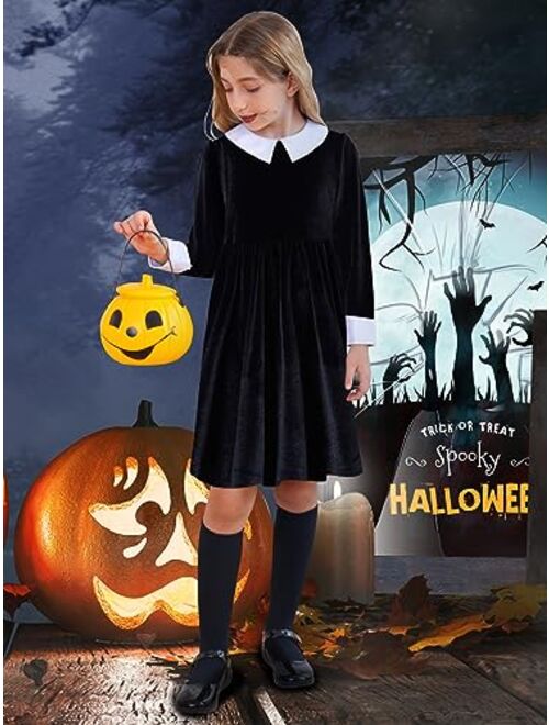 ALLIFly Girls Halloween Dress Toddler Peter Pan Collar Dress Long/Short Sleeve Dresses 3-12 Years