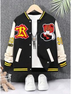 Shein Tween Boy Letter Patched Striped Trim Varsity Jacket Without Tee