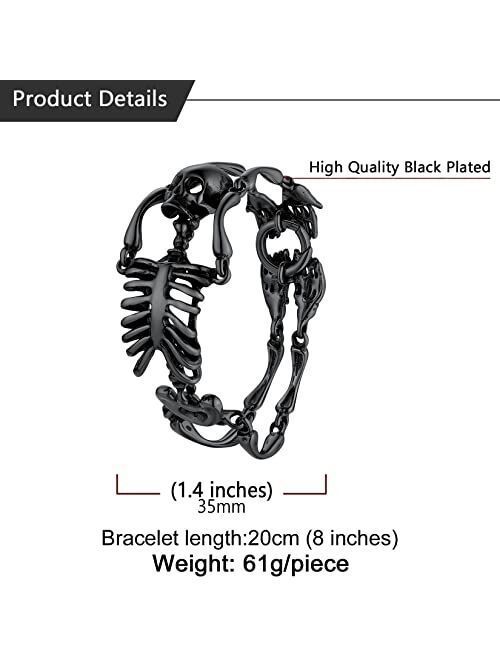 U7 Gothic Skull Bracelets for Men Women, Stainless Steel/18K Gold Plated/Silver Black Punk Skeleton Head Chain Bracelet Party Accessories for Rapper Biker