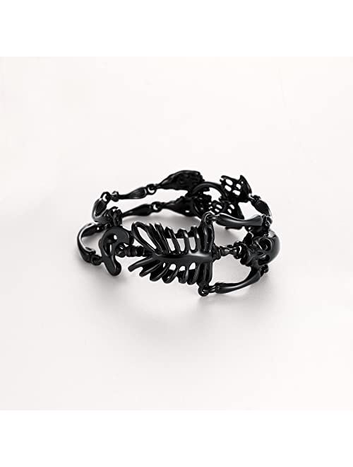 U7 Gothic Skull Bracelets for Men Women, Stainless Steel/18K Gold Plated/Silver Black Punk Skeleton Head Chain Bracelet Party Accessories for Rapper Biker