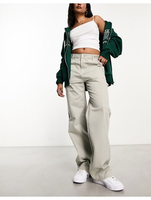 Pull&Bear wide leg carpenter cargo pants with adjustable waist in beige