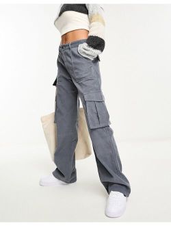 wide leg cord cargo pants in gray