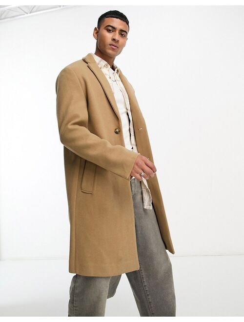 Pull&Bear overcoat with wool mix in camel exclusive at ASOS